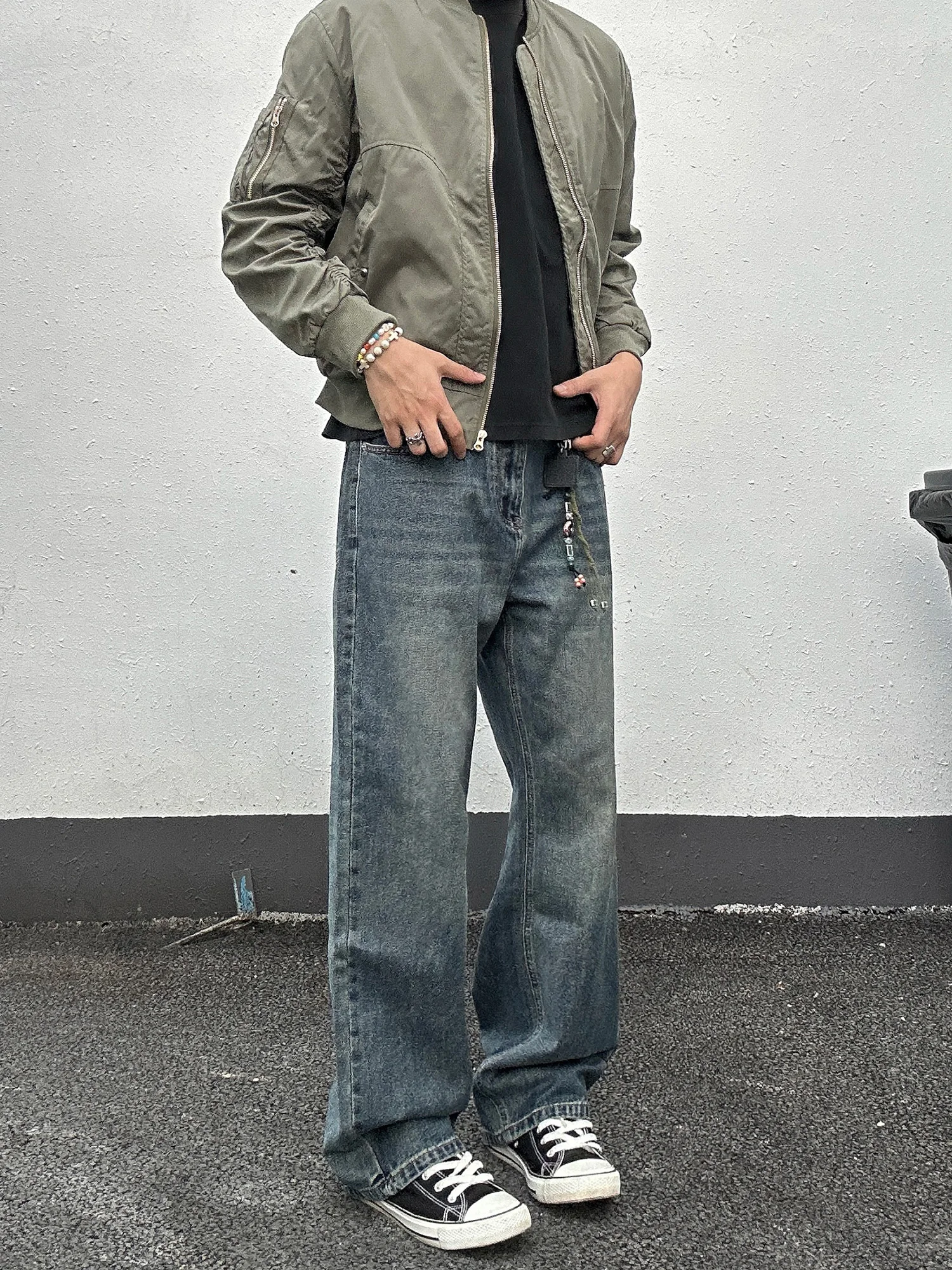 

Waed Vintage American Sle Loose Straight Leg Jeans Men's Casual Wear Resistant Low Waist Cut Low Rise Denim Pants