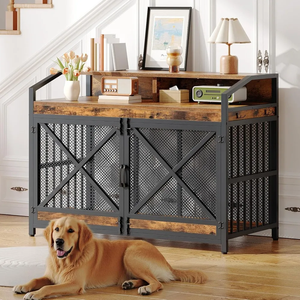 

43.3" Dog Crate Furniture, Heavy Duty Dog Kennel Indoor with Storage Shelves, Wooden Dog Cage with LED Lights, for Small/Medium