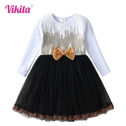 VIKITA Girls Sequined Appliqued Dress Kids Leopard Print Fashion Dresses with Bow Knot Girls Long Sleeve Autumn Spring Dress