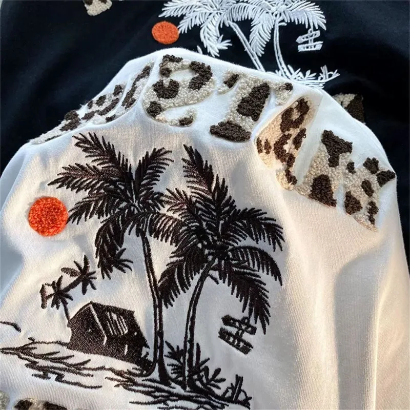 

Large Size American Fashion Retro Letters Coconut Tree Embroidery Short Sleeved T-shirt for Men 2025 New Couple Tee Trend
