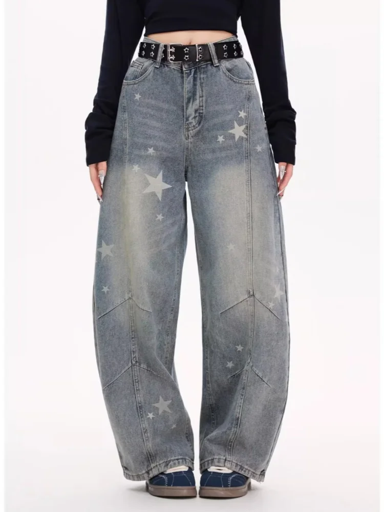 

2025 American Retro Y2K Fashion Star Printed Distressed Blue Jeans Pants For Women Clothing Lady Denim Trousers Pantalon Femme