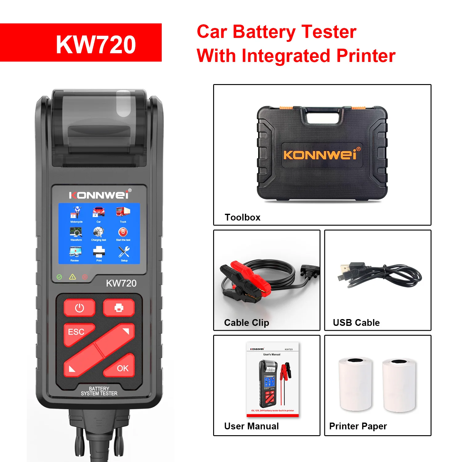 

KONNWEI Kw720 6V 12V 24V Auto Battery Tester Car Storage Battery Analyzer Lead Acid Battery Test Tools with Integrated Printer