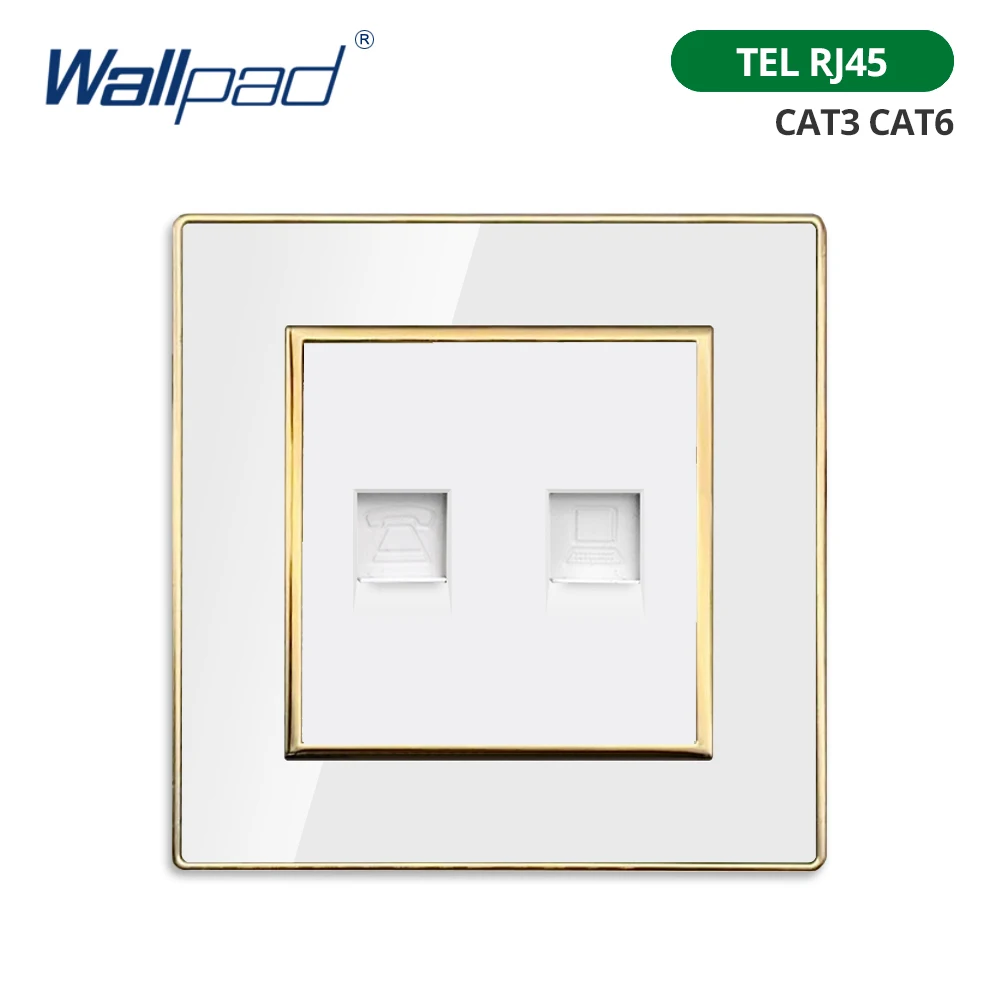 Wallpad Weißes Acryl-Panel mit goldenem Rand, 2-Wege-Wandlichtschalter mit LED-Anzeige, EU-Steckdose mit USB