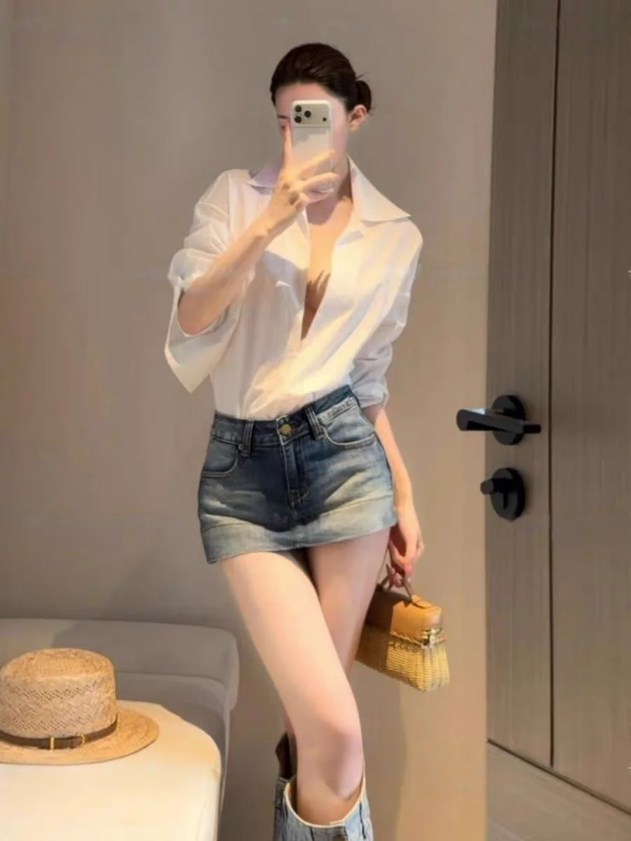 Slimming High Waist Denim Skirt Pants Women's Summer Tight Fit Prevent Exposure Versatile Butt Enhancing  Skirt Jeans
