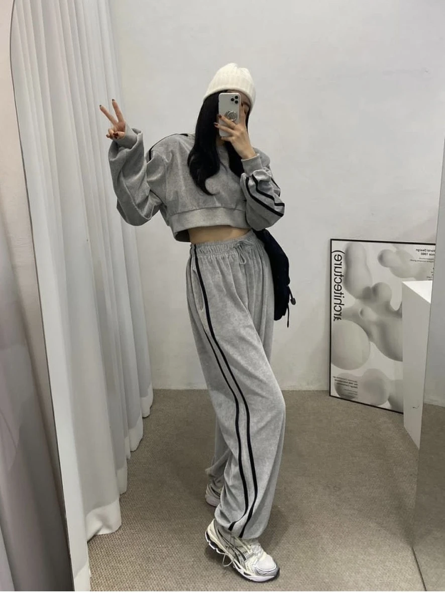 

Женская свободная толстовка с двойной перекладиной, повседневные брюки с термостойкой подкладкой и манжетами, комплект двусторонней толстовки с обнажающим животом