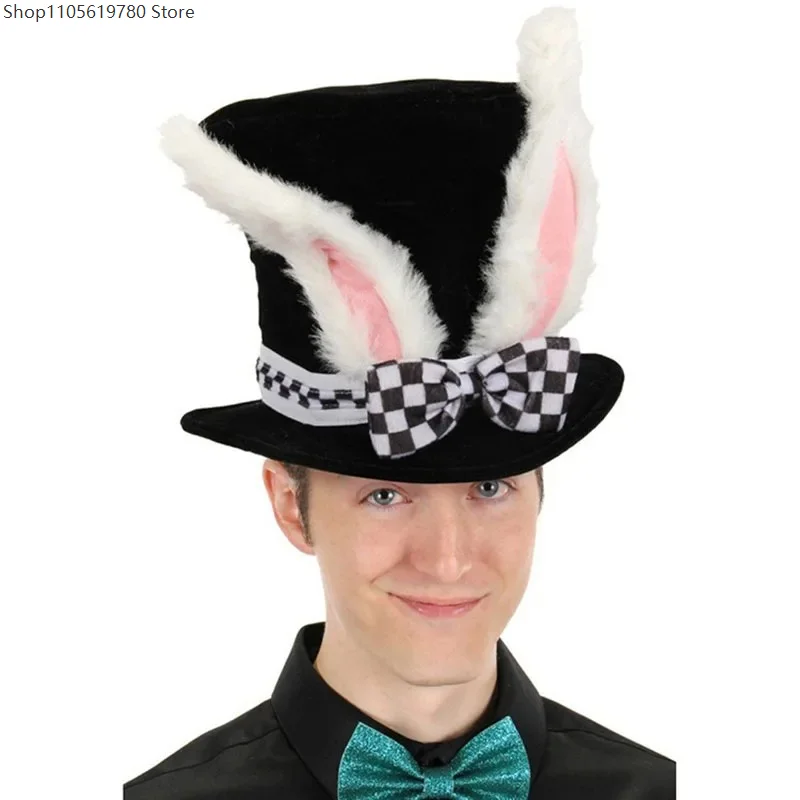 Unisex Adult Cosplay Top Hat Decorative Plush Rabbit Ears Checkered Bow Accent Headwear For Halloween Costume Accessory 2026 3