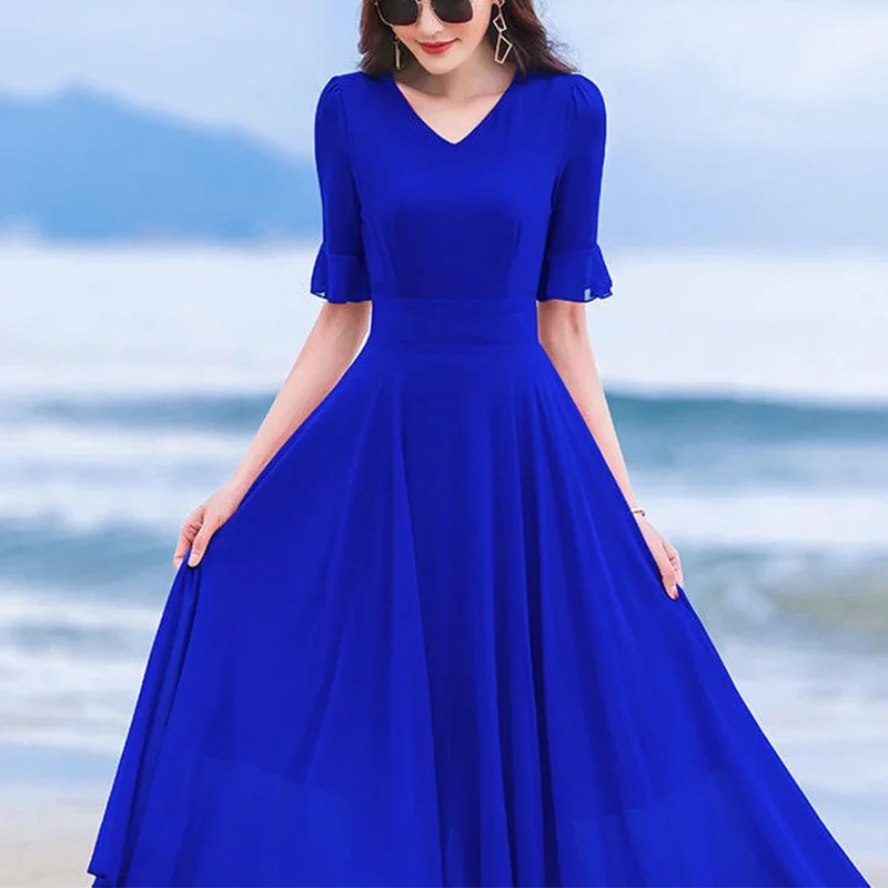 

V-neck Elegant Fashion Ruffles Beach Holiday Midi Dress Female Half Sleeve Waist Robe Women Solid Color Chiffon Vestidos E7001