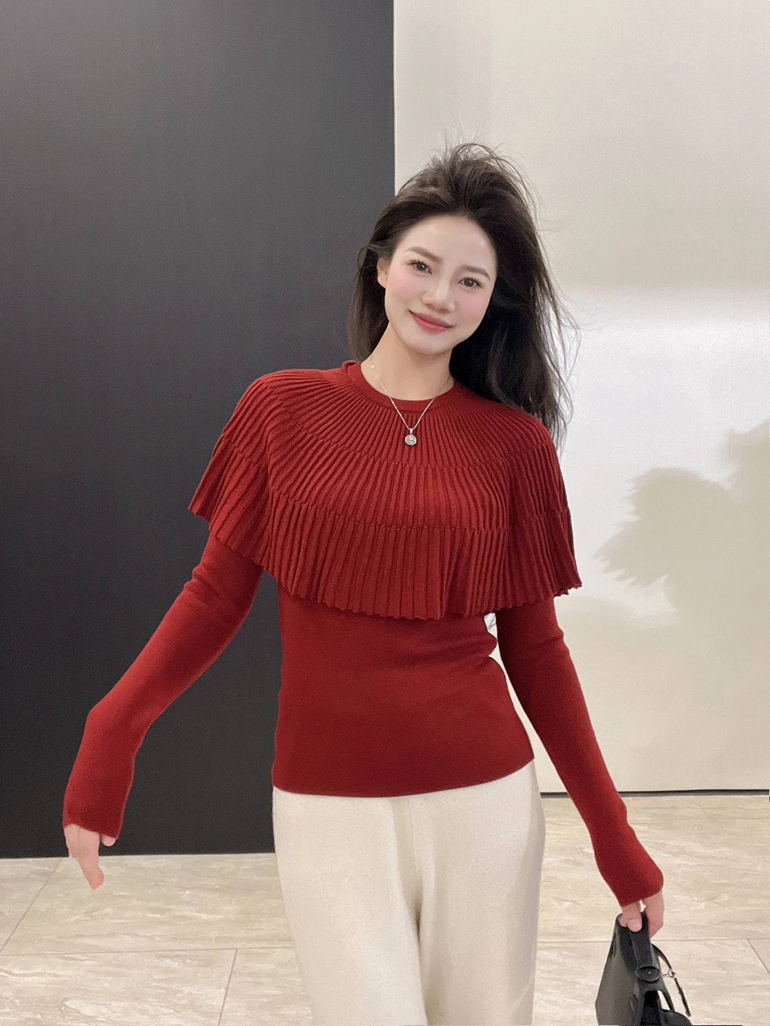 

New Year Red Soft Camere Woolen Scarf Coat Knitted Top Gentle Sle Fairy Heavy Work Series Slim Fit Super Soft Embroidery