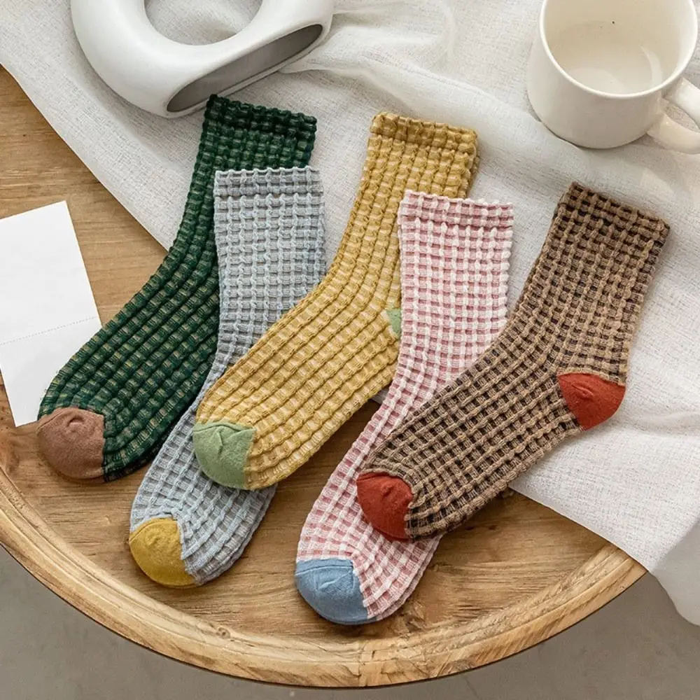 

5Pairs Harajuku Patchwork Checkered Cotton Socks Elastic Antiskid Women Tube Sock Plaid Socks Middle Tube Grids Socks Women
