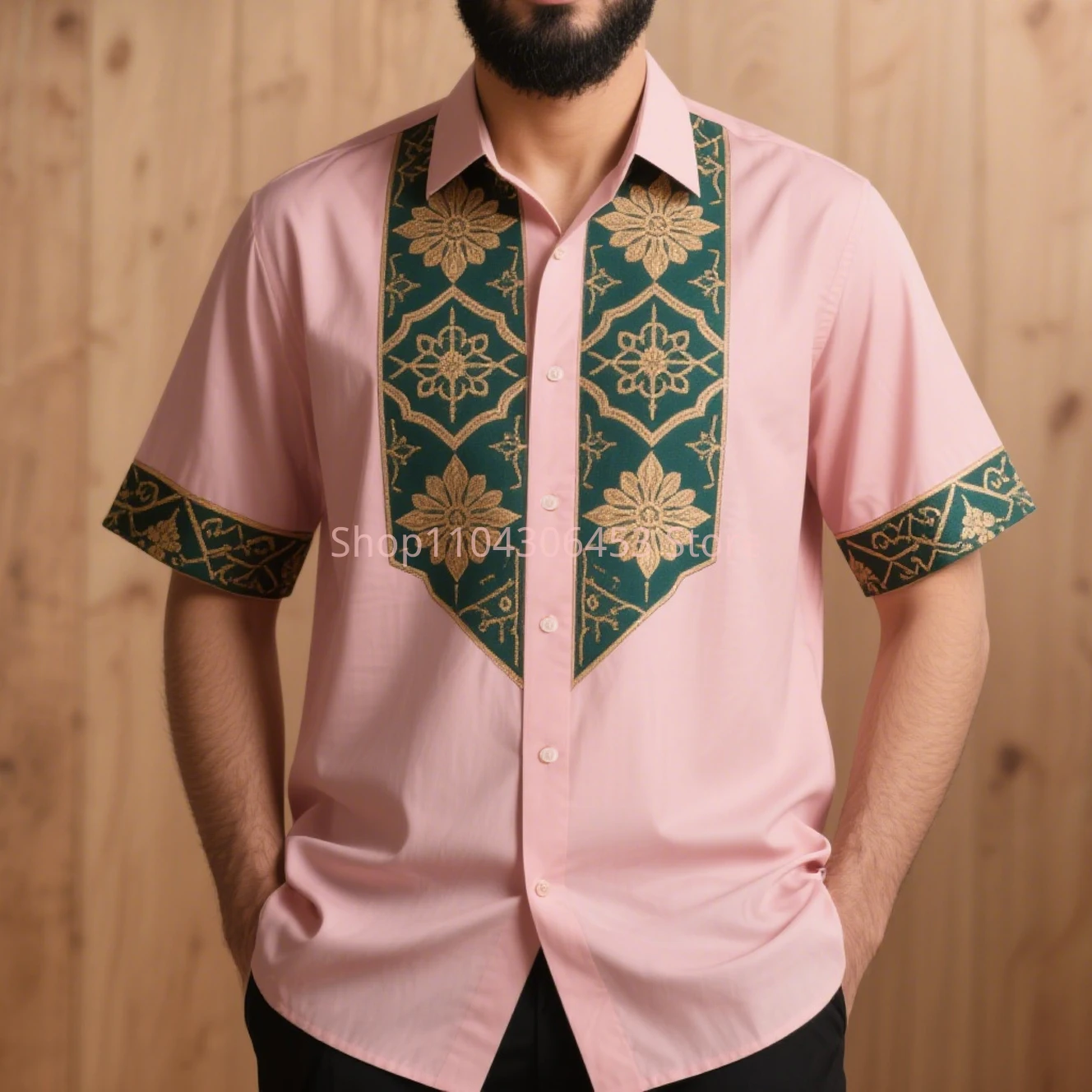 Men simple retro fashion ethnic style 3D printed short-sleeved lapel shirt light breathable light color Hawaiian beach vacation