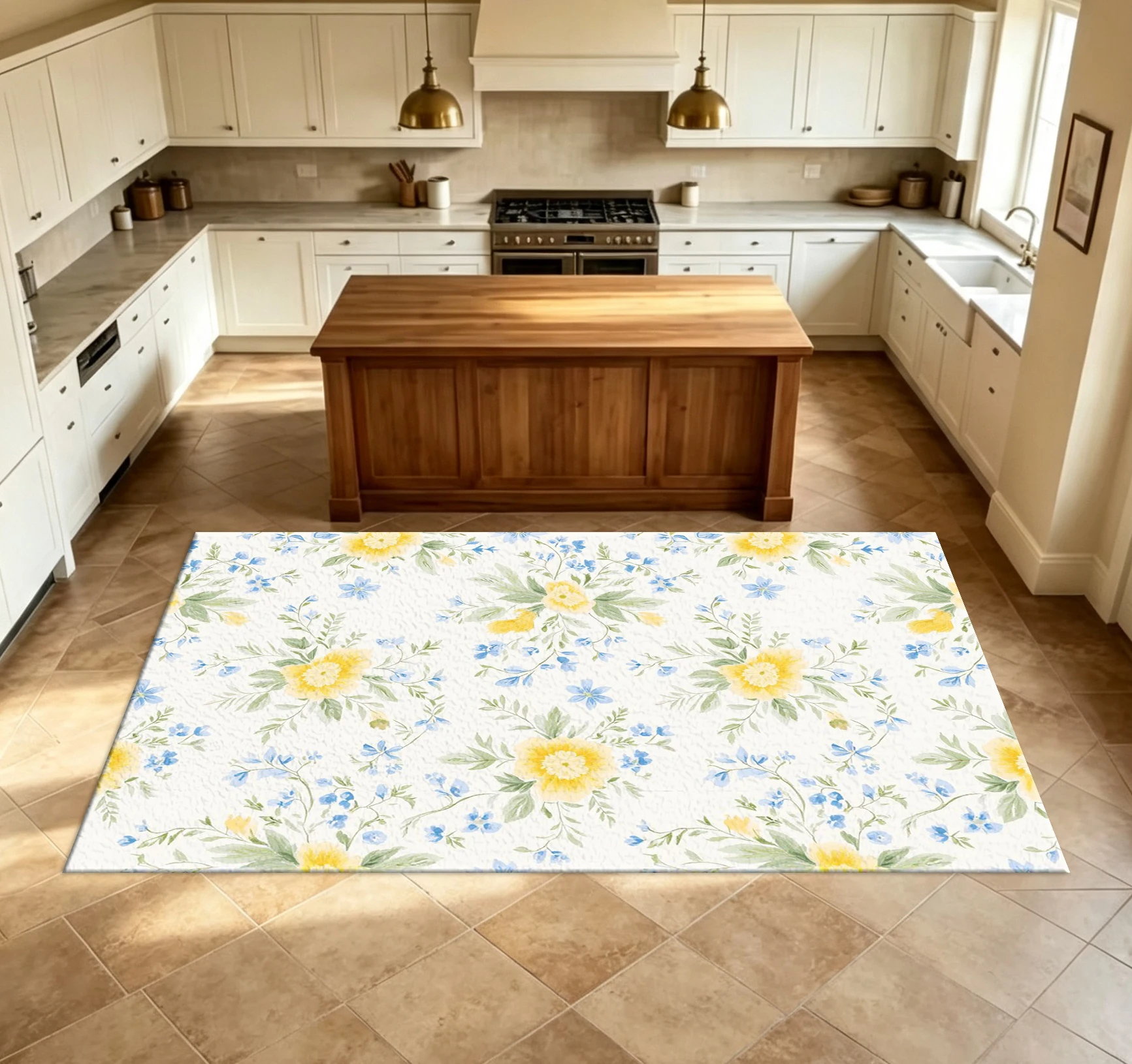 Watercolor Yellow and Blue Floral Carpet Floor Mat Indoor Home Floor Decoration Carpet
