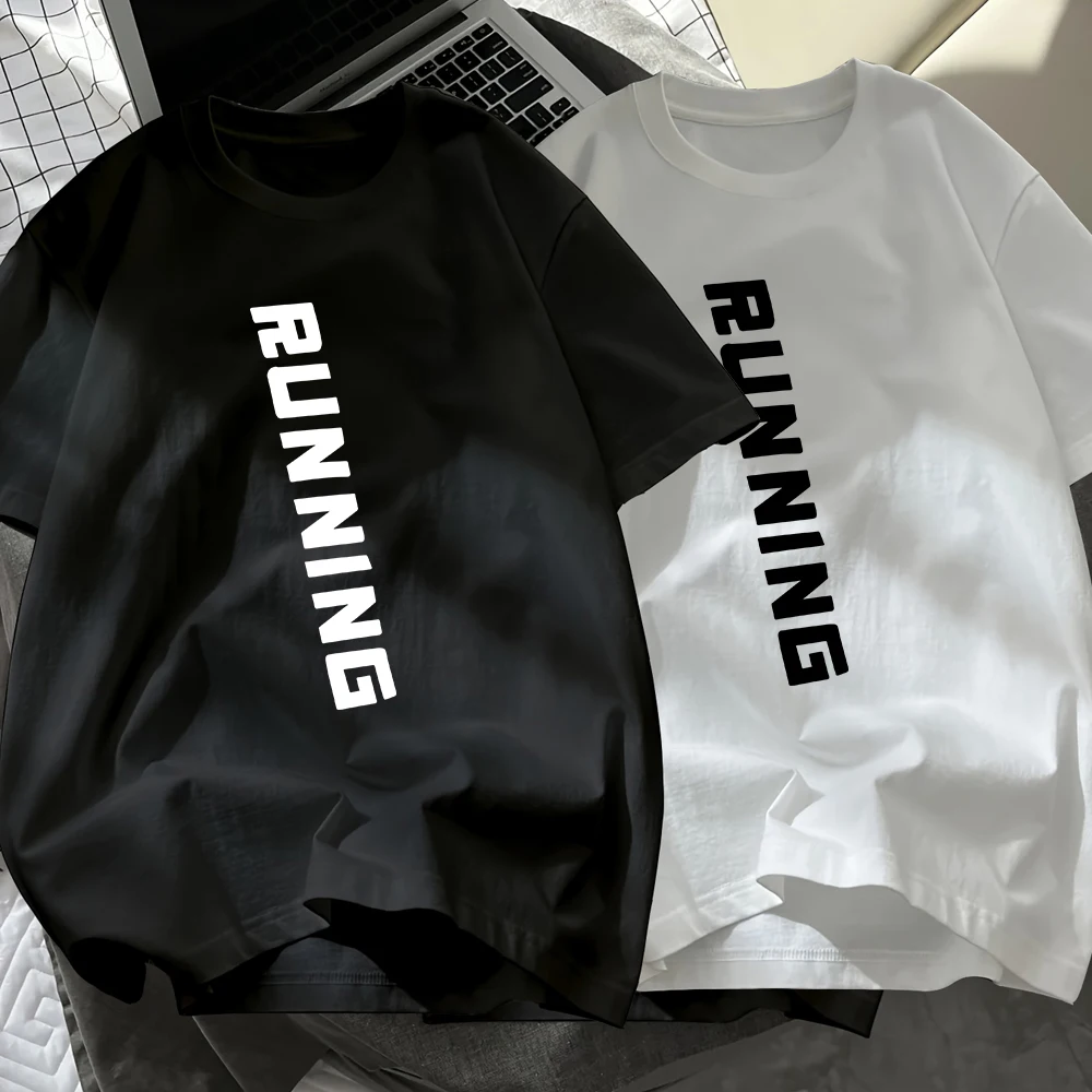 Running Letter Creative Cotton T-Shirts Men Summer O-Neck Short Sleeve Black White Set T Shirt Oversized Soft Tops Basic Clothes