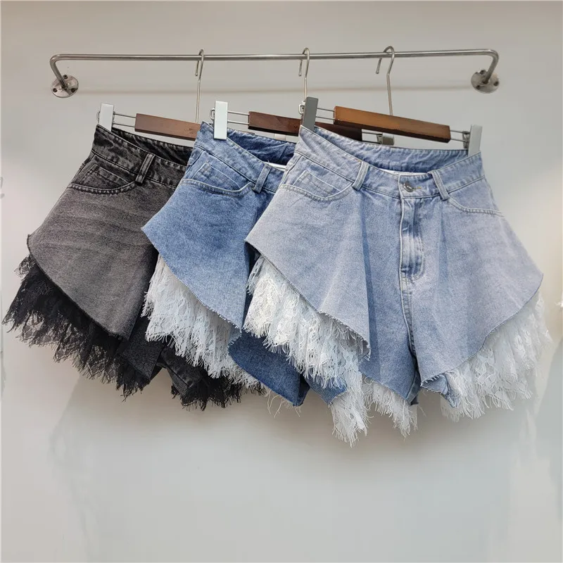 2026 Summer New Lace Splicing Denim Shorts Women Korean Fashion Retro High Waist Wide Leg Shorts Spicy Girls A-Line Shorts
