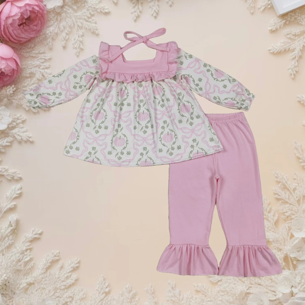 

Toddler Fall Baby Girl Clothes Cute Sets Infant Kids Long Sleeve Pumpkins Bows Tunic Tops Pink Cotton Ruffles Pants Clothing