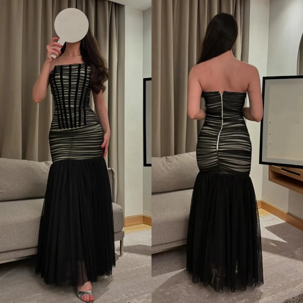 

Customized Sexy Simple Tulle Pleat Ruched Draped Mermaid Strapless Midi Dresses Evening Dresses Exquisite High Quality Classic