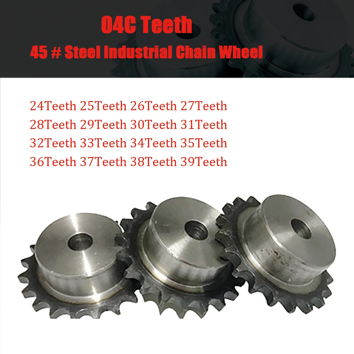 1Pcs 04C Industrial Drive Sprocket 45#Steel Sprocket Keyway Aperture 8-10mm Teeth24/25/26/27/28/29/30/31/32/33/34/35/36/37/38/39