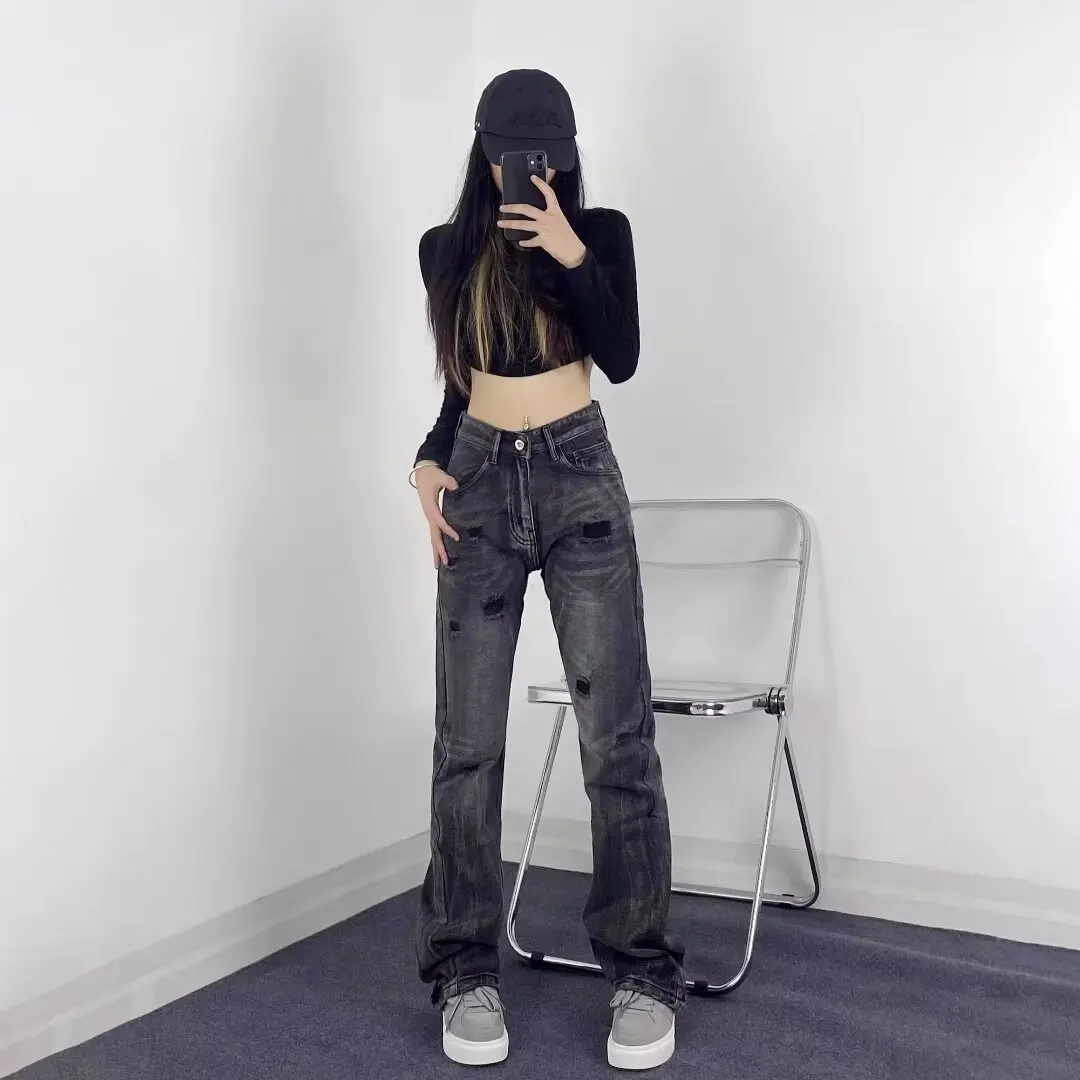 

American high street retro black grey ripped jeans men and women ins retro slim fit slim trousers