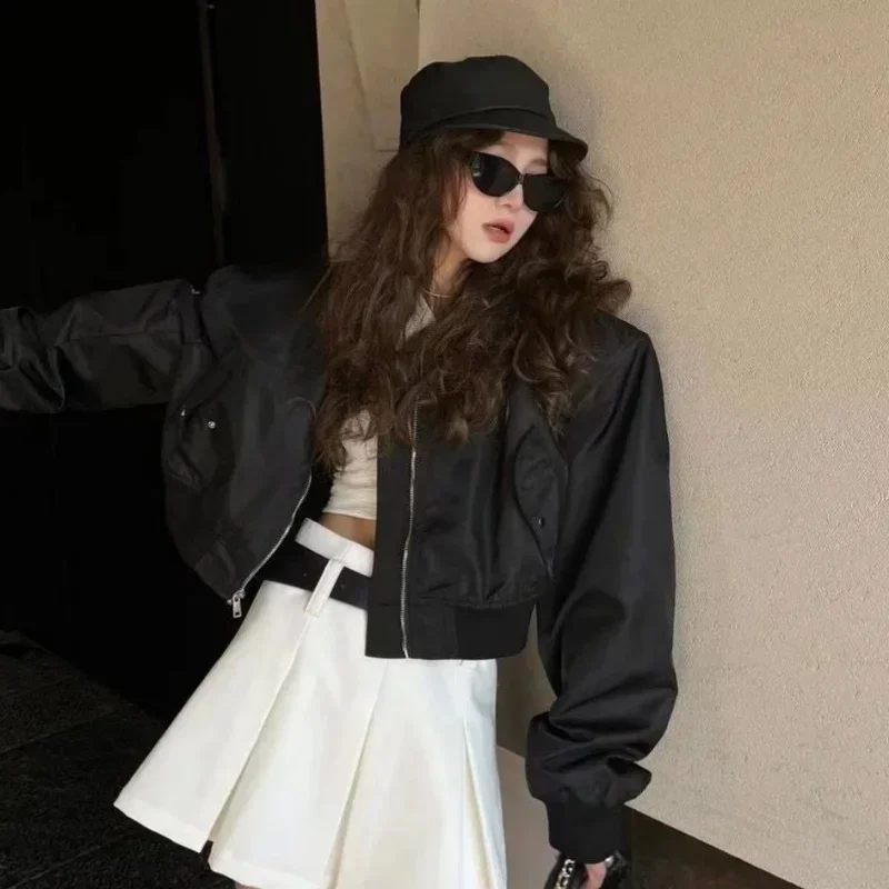 Korean Streetwear Y2k Black Cropped Jacket Female Oversize Windbreaker Women\'s Bomber Jackets 90s Vintage Harajuku Fashion