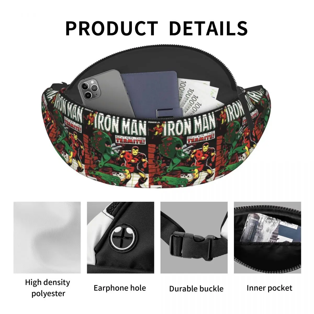 Riñonera personalizada Iron Man Vol 1189 para hombre y mujer, bolso de cintura cruzado para correr, para dinero y teléfono