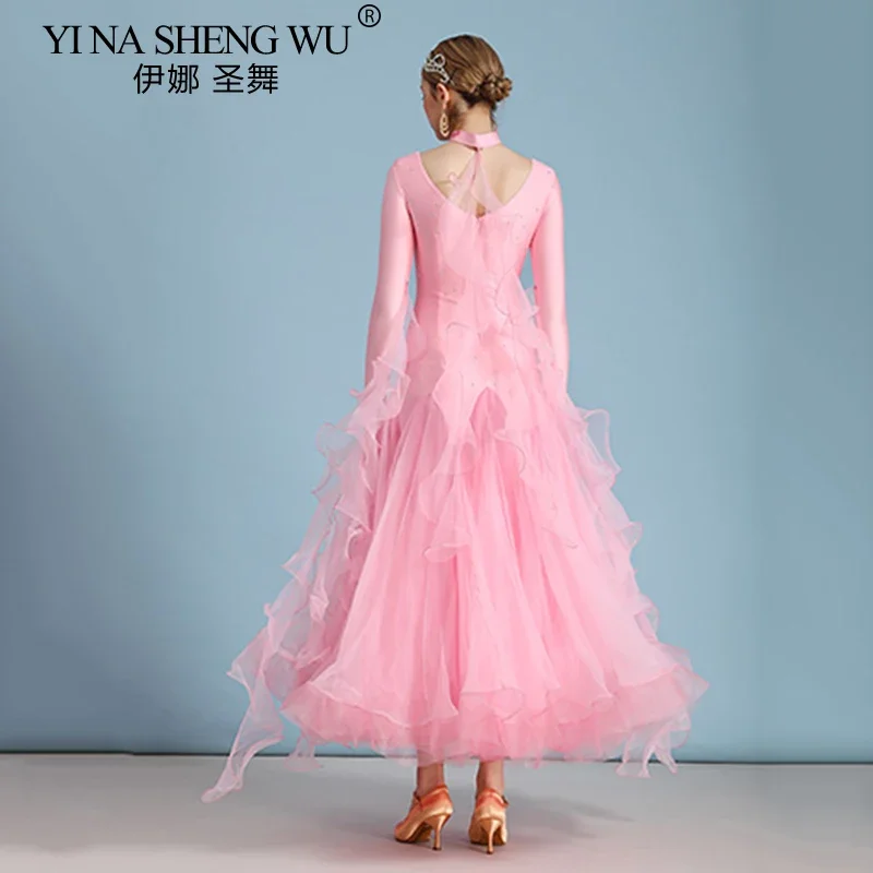 Woman Modern Dance Dress Ballroom Dancing Competition Clothes Waltz Performance V Neck Fluffy Hemline Dress Long Sleeves Dress