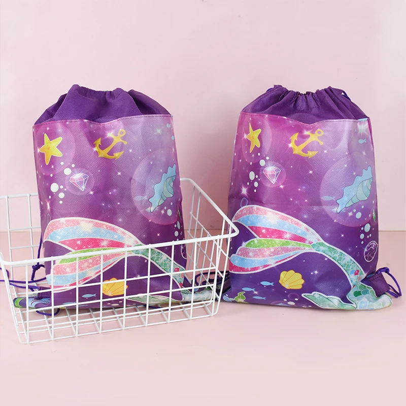 Mermaid Non Woven Gift Bag Portable Drawstring Candy Packaging Backpack Bag Birthday Baby Shower Birthday Party Decorations