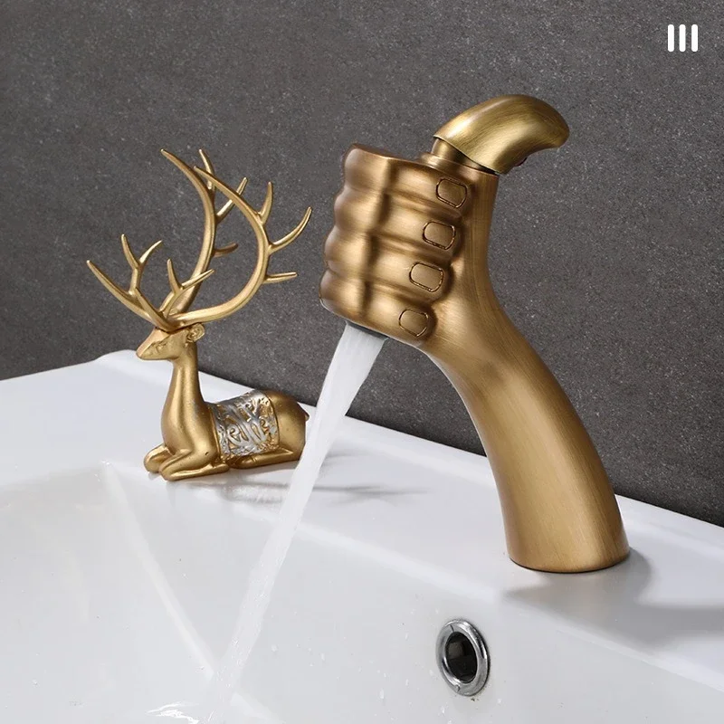 New creative thumb faucet household bathroom bathroom antique brass basin hot and cold water faucet
