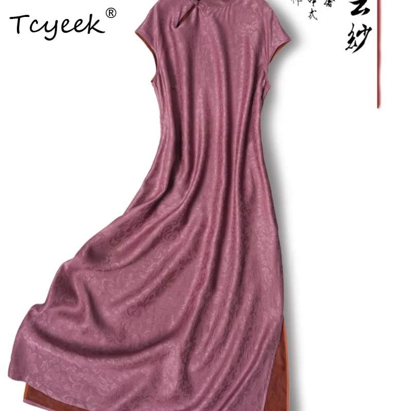 

Tcyeek 100% Mulberry Silk Summer Thin Short Sleeved A-line Pink Purple Standing Collar Cheongsam Mid Length Woman Dresses 원피스 여름