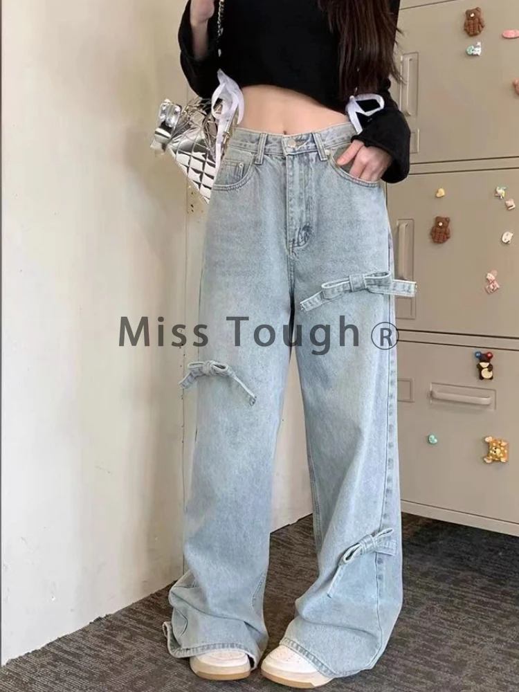 Koreanisches Design Bowknot Hose mit weitem Bein Frauen Mode lässig hohe Taille Wisch hose weibliche Vintage y2k dünne lose feste Hose