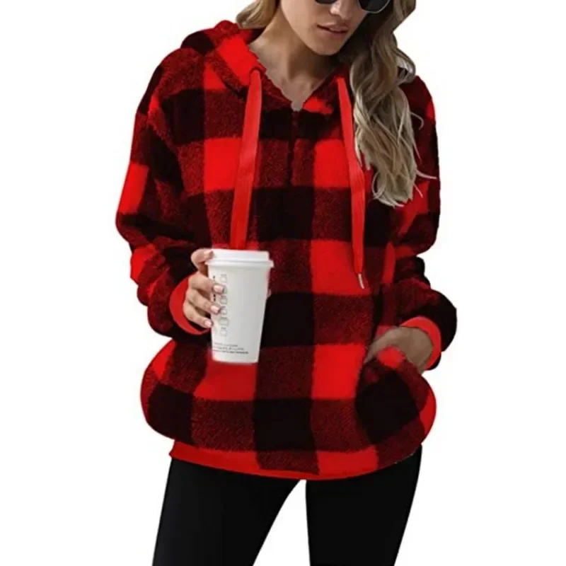 Vintage Plaid Women Velvet Fleece Hoodie Warm Plush Hooded Sweatshirts Loose Zip Up Harajuku Hoodie Women's Baggy Sudaderas Y2k