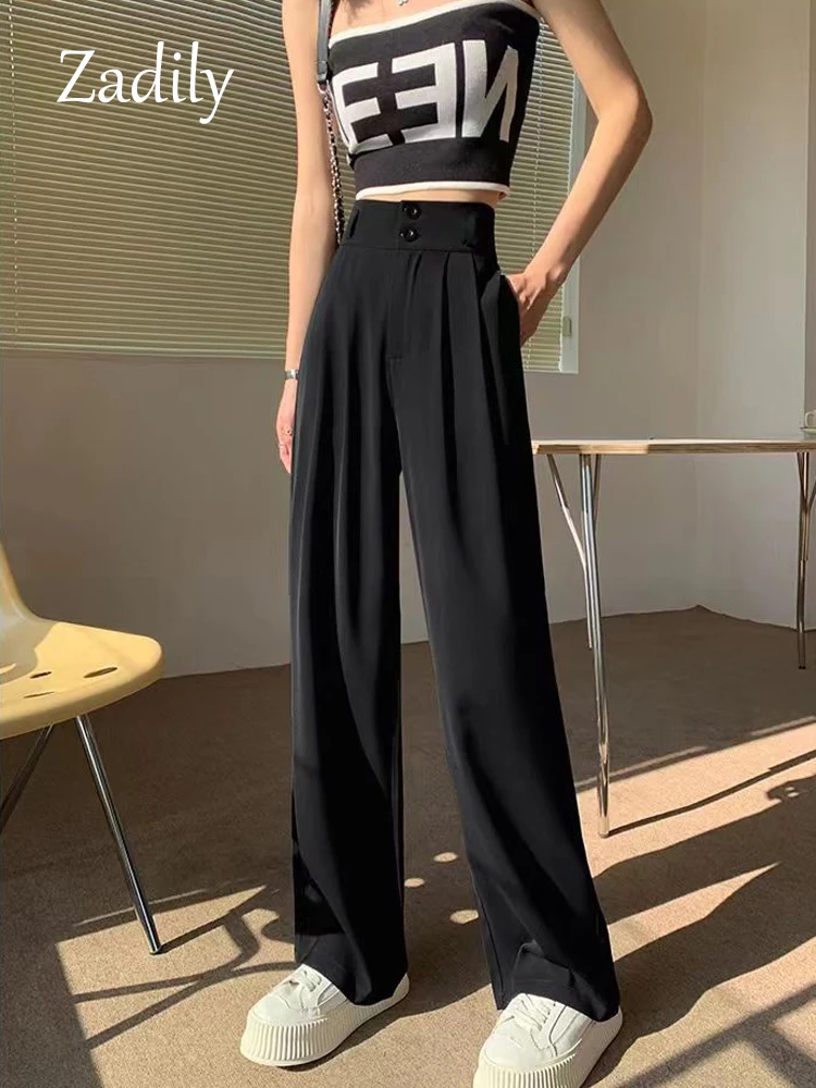 Zadily 2022 Autumn Wide Leg Women Classic Suit Pants Vintage Office Elegant Casual Black Trousers Female High Wasit Pants