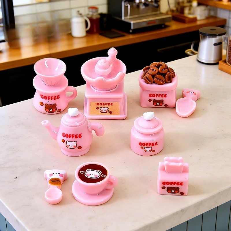 9PCS Bear Pink Coffee Machine Resin Charms Miniature Dollhouse Play Food DIY Coffee Shop Accessories