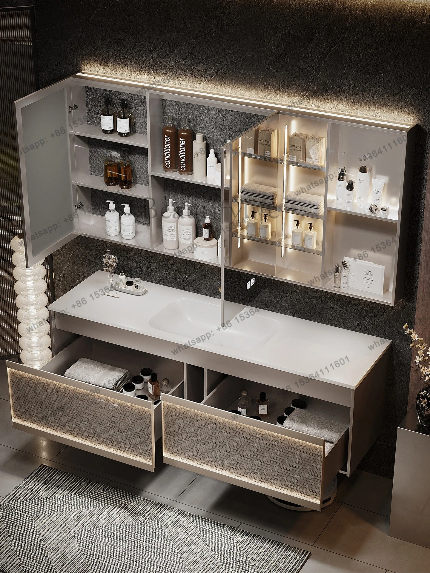 Customized metallic paint bathroom cabinet combination rock slab seamless ceramic basin light luxury relief washstand