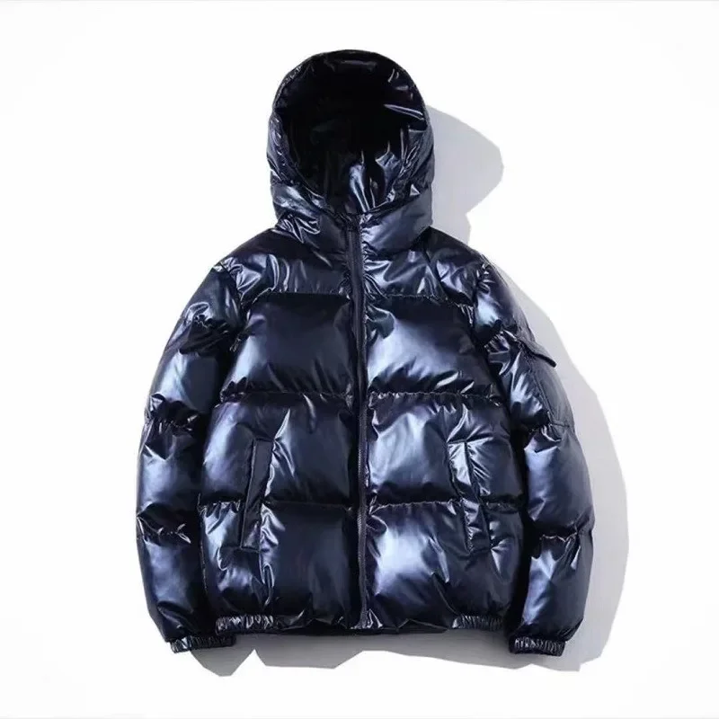 Women's Down Jacket Winter Glossy Silver Black Gold Blue Hooded Stand Collar Zipper Solid Parka Outwear Down Padded Coats Female