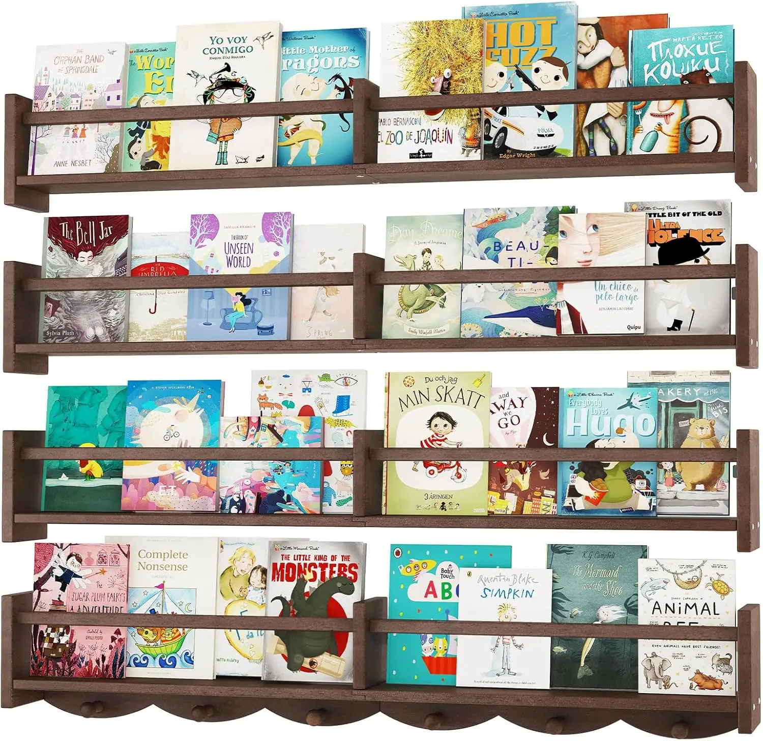 

Набор из 4-х настенных полок с крючками для детской комнаты, темно-коричневый, 34 дюйма