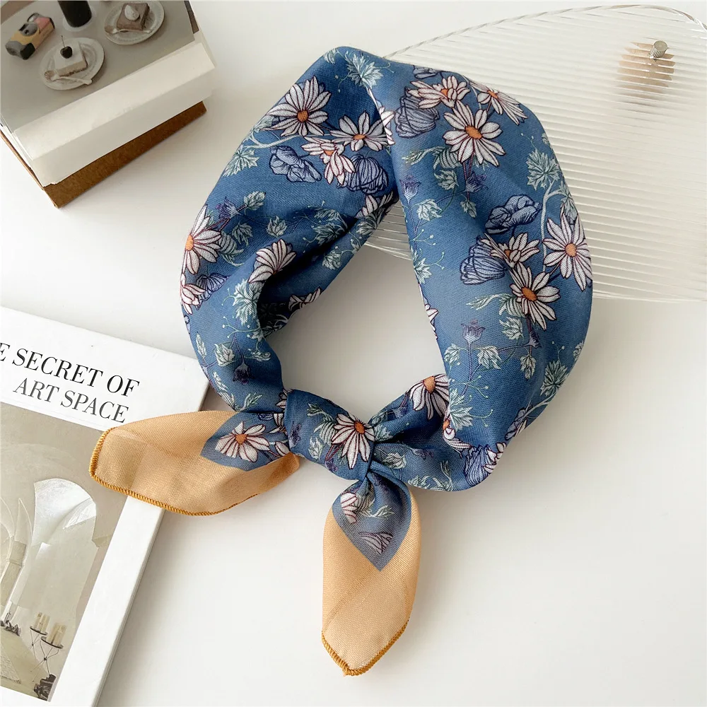 55cm Girls Cotton Linen Spring Summer Square Scarf for Women Korean Chic Headband Fashion Decorative Hairband Floral Neck Scarf image 3