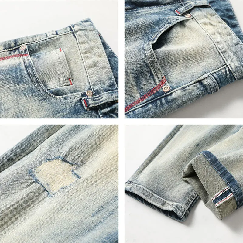 Italian Style Fashion Men Jeans Retro Yellow Blue Elastic Stretch Slim Ripped Jeans Men Patchwork Designer Vintage Denim Pants