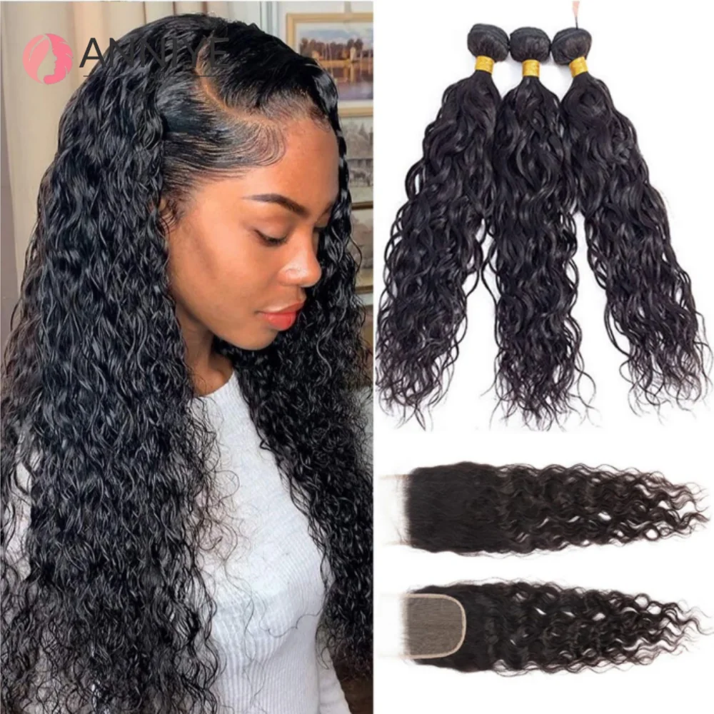 

Raw Indian Human Hair Water Wave Bundles With Closure Virgin Curly Human Hair Weave With 4x4 HD Transparent Lace Front Closure