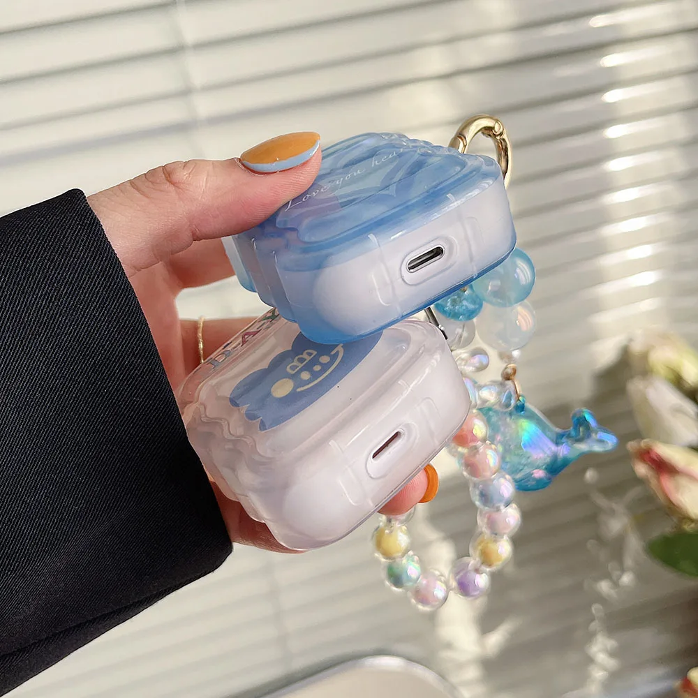 Прозрачный волнистый мягкий чехол для наушников Airpods Pro 1 2 3 Box с синим сердцем и улыбкой, милый медведь, подвеска