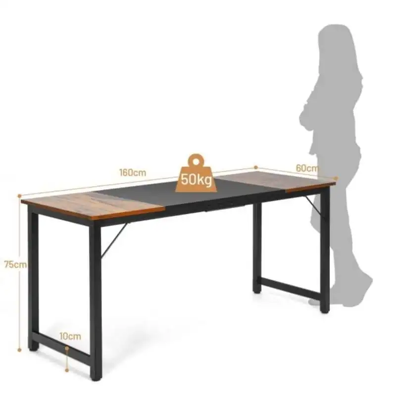 63 Inch Modern Splice Computer Desk, Heavy Duty Steel Frame With MDF Top, 110 Lbs Capacity, Adjustable Feet For Home Office Gaming Study, Rustic Brown