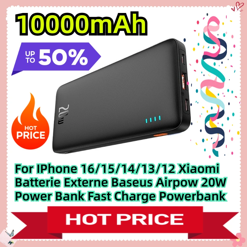 

For IPhone 16/15/14/13/12 Xiaomi Batterie Externe Baseus Airpow 20W Power Bank 10000mAh Fast Charge Powerbank