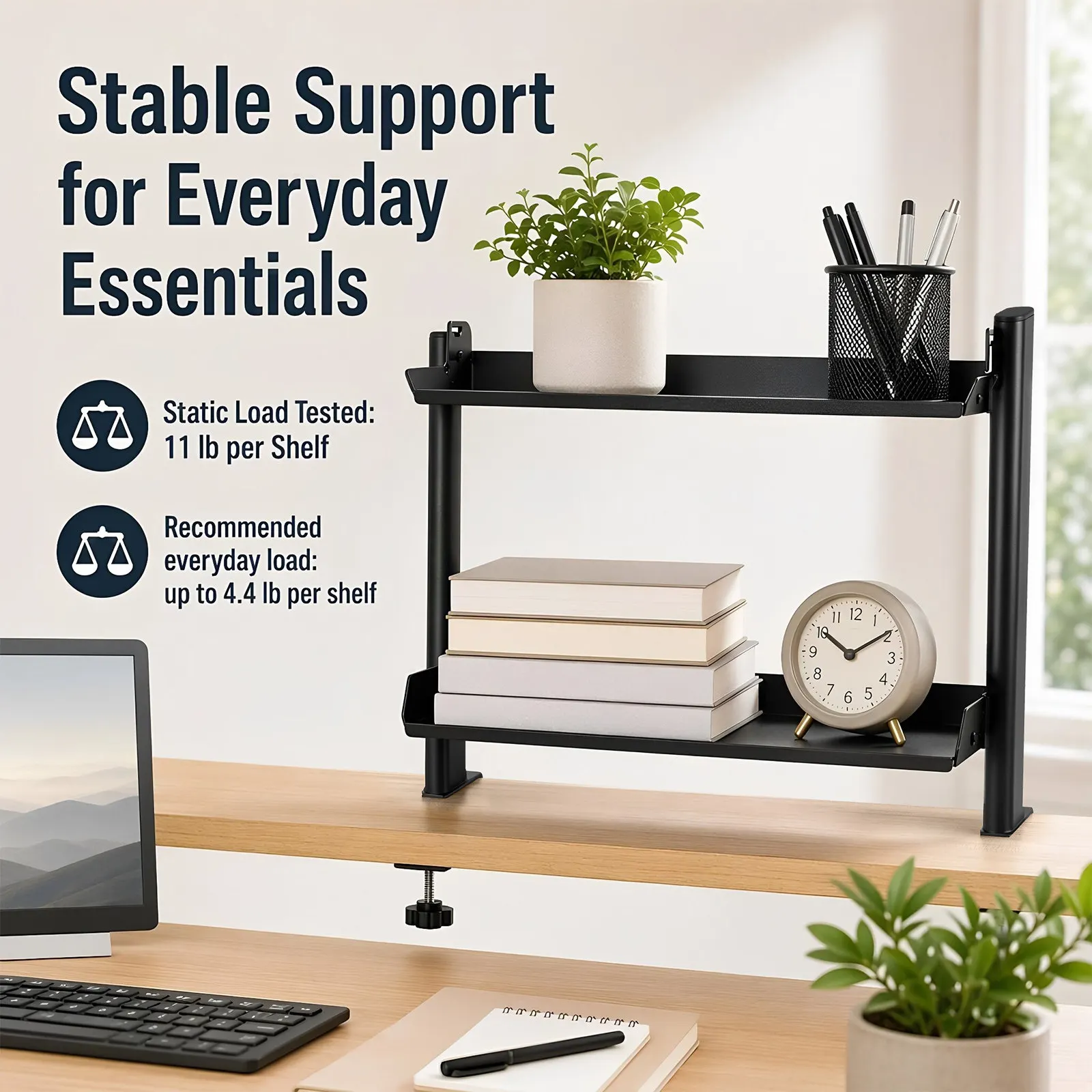 Clamp on Desk Shelf Clip Table Clamp-on for Accessories 2-Tier Desktop Organizer Extender Shelves