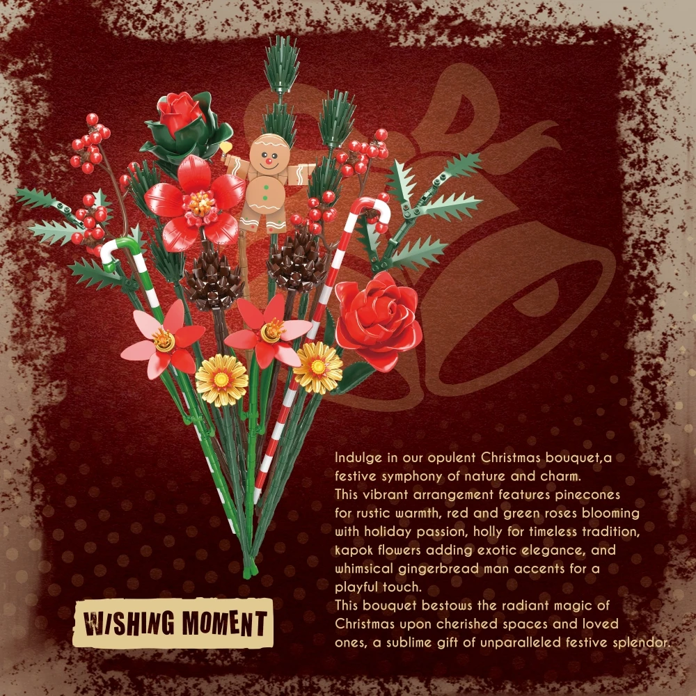 865PCS Creative Christmas Roses Bouquet Building Blocks Set Gingerbread Dolls Assembly Model Kit Christmas Birthday Gifts Toy