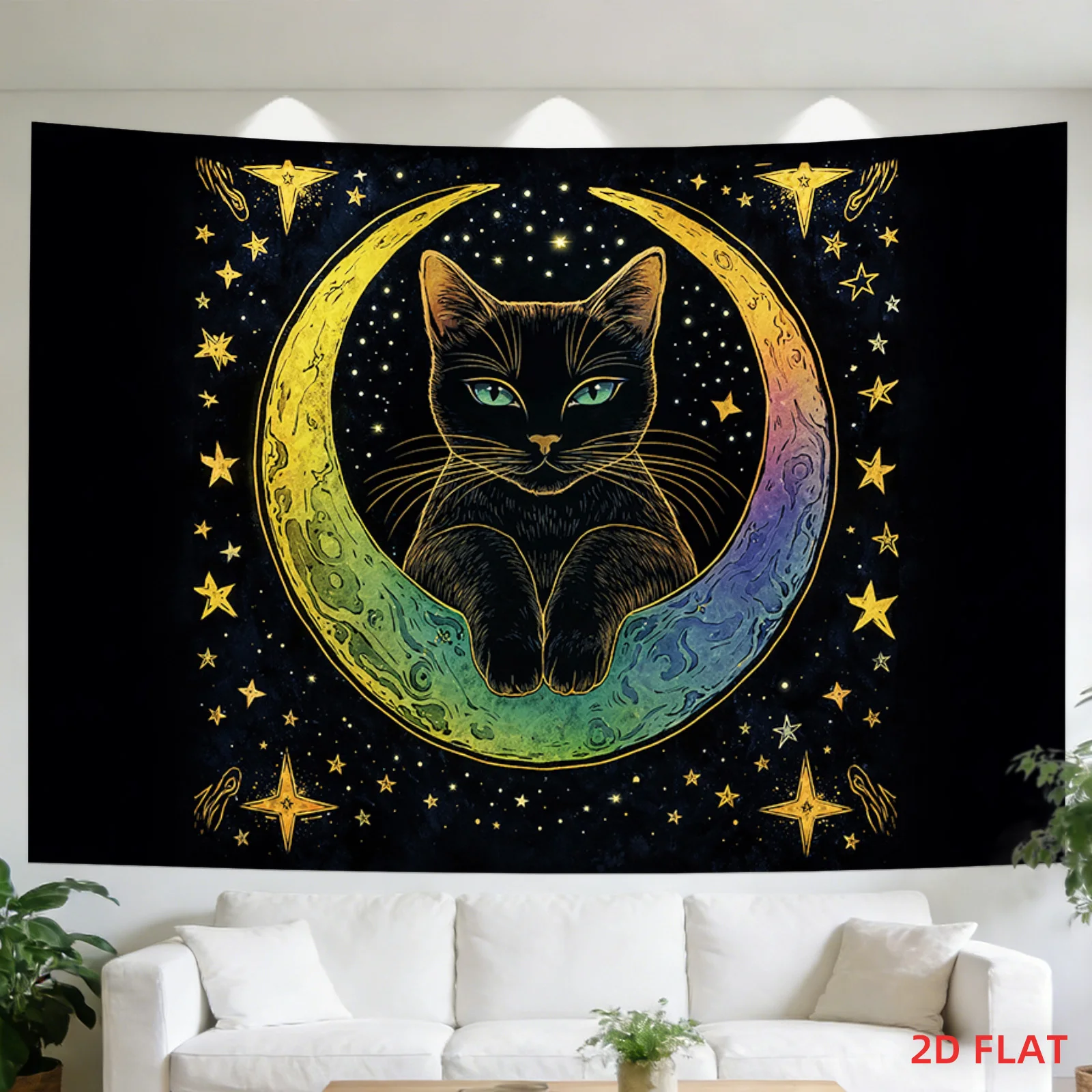 VIKAMA Mysterious Gradient Star Moon Black Cat Tapestry, Black Gold Starry Wall Art for Bedroom Living Room Decor