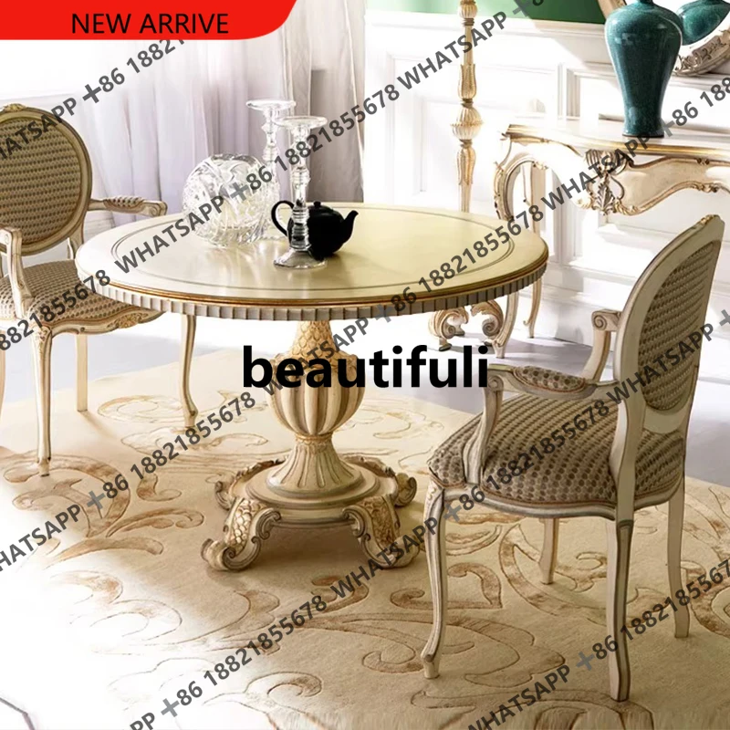 

D178 French retro solid wood round dining table carved champagne light luxury dining table dining chair combination