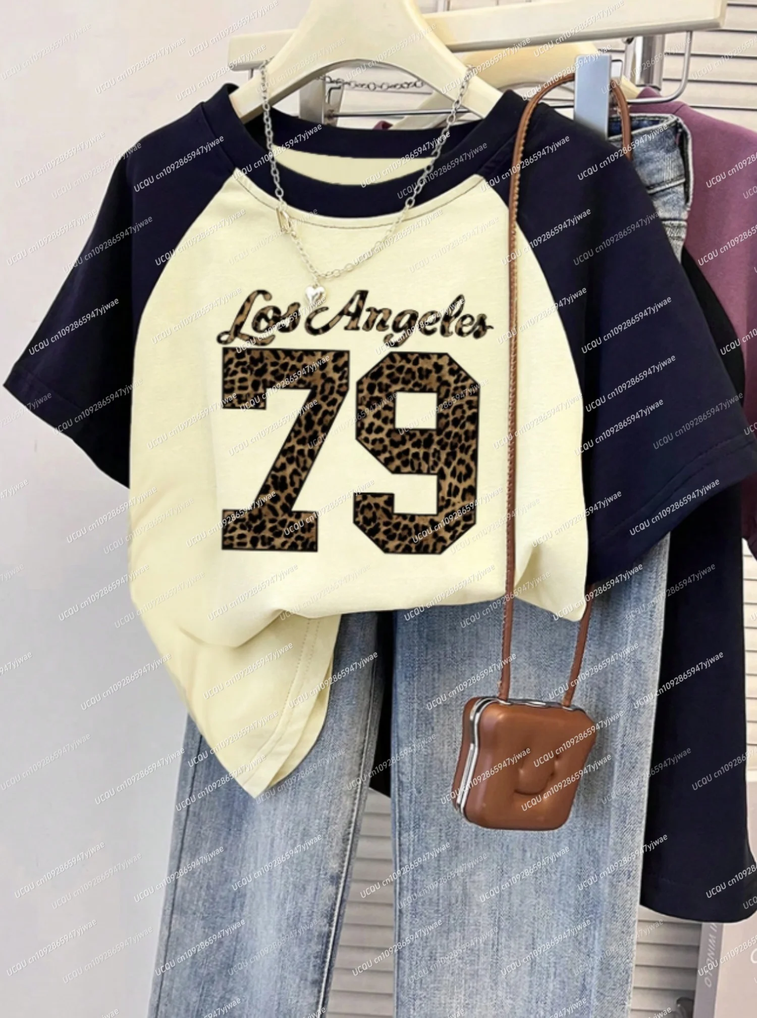 

Women LOS ANGELES NO.79 Print Woman T Shirt Girl Oversize Daily Top Female Creativity Color Block O-Neck T-Shirt Casual Clothes