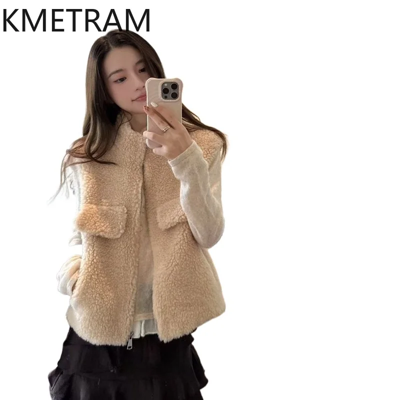 KMETRAM 100% Wool Vest Women Korean Style Short Sheep Shearing Jacket Casual Winter Sleeveless Fur Coat Woman Clothing 52cm 2026