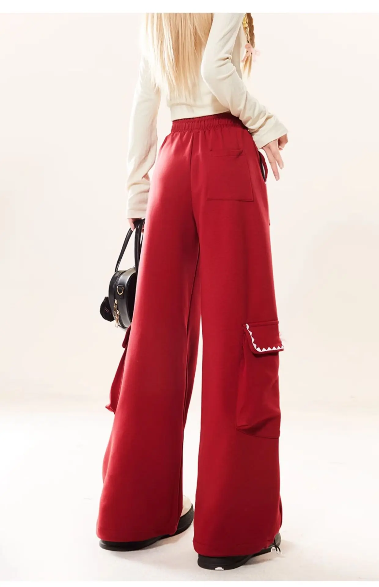 2024 Autumn Street Women's Trousers Red Casual Wide Leg Work Pants Fashion Versatile Retro Multi Pocket Loose Straight Pants