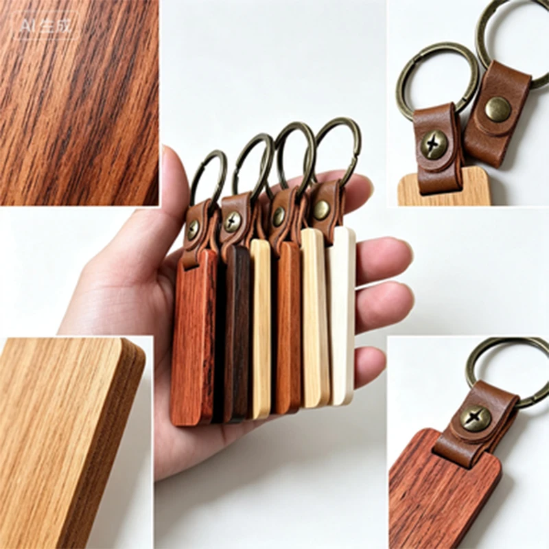 20Pcs Natural Wood Keyring Blank, Rectangle Key Tag with Leather Tab,Gift Key Accessory