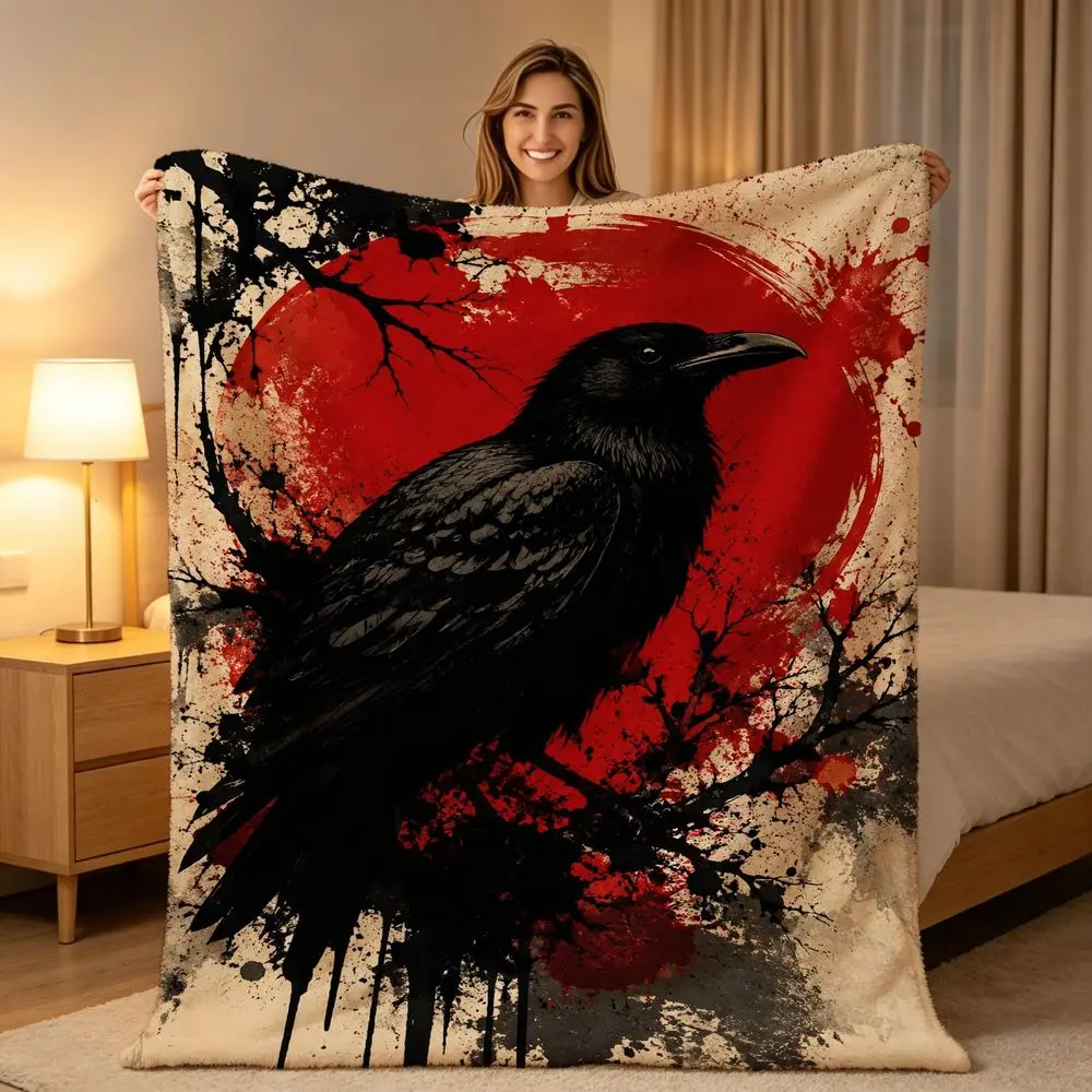 Lightweight Flannel Throw Blanket Suitable for Sofa Bed Travel - Soft Cozy Warm Bedspread with Black Crow Moon Art, Contemporary Bedspread for Adults, for - Use for, Camping, Gift, Bedding Accessory (No Revision Request)