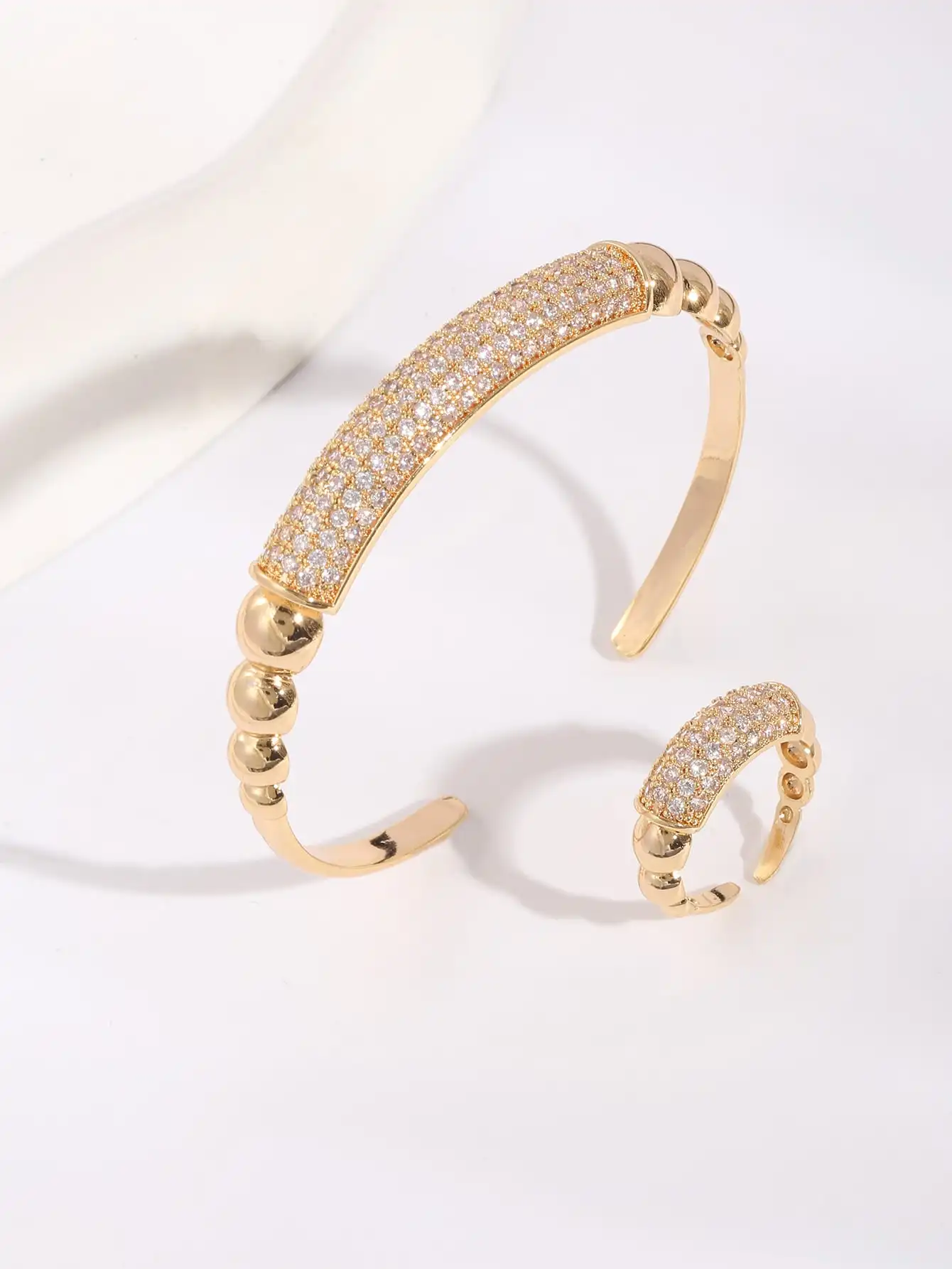 1 set of women's new European and American 14K gold plated copper niche design semi-circle micro-inlaid open bracelet ring set